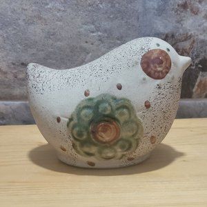 VTG Pottery Bird Figurine Piggy Bank Hand Painted Glazed Brown Eyes Green Wings
